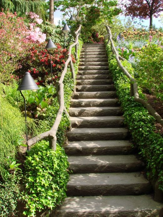 stairs going up a sloped yard border by beautiful landscape