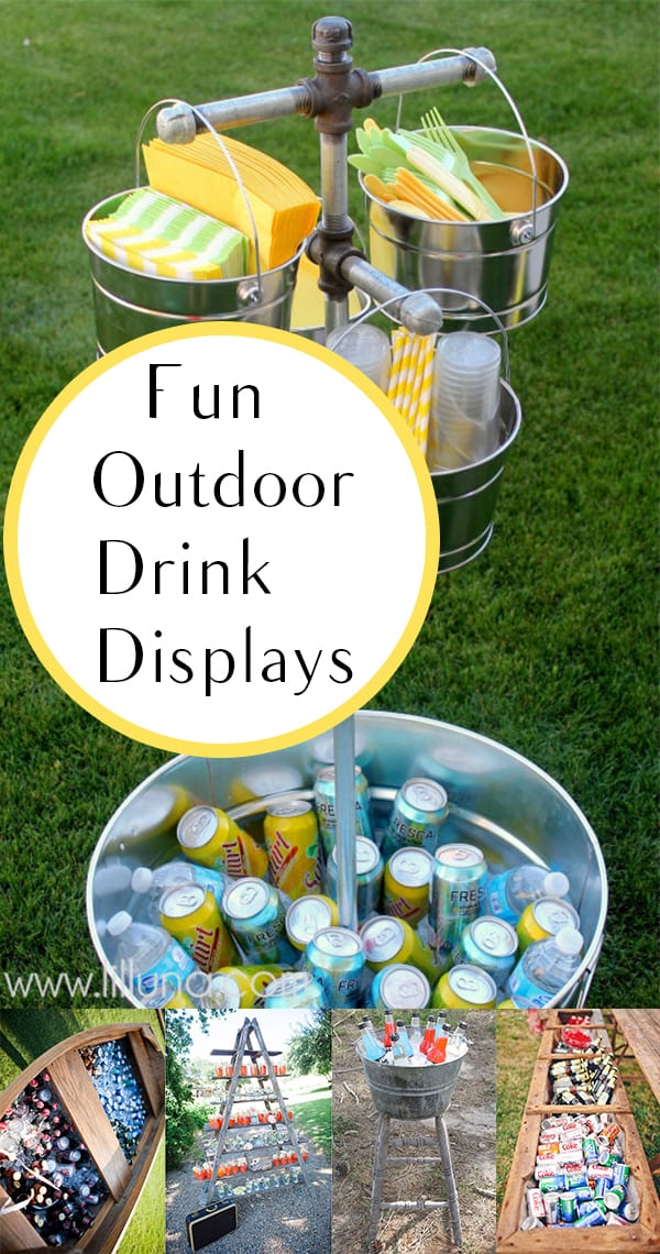 Outdoor drink display, outdoor drink display ideas, drink display, popular pin, party hacks, decorating for a party, summer party, outdoor entertainment, DIY outdoor entertainment