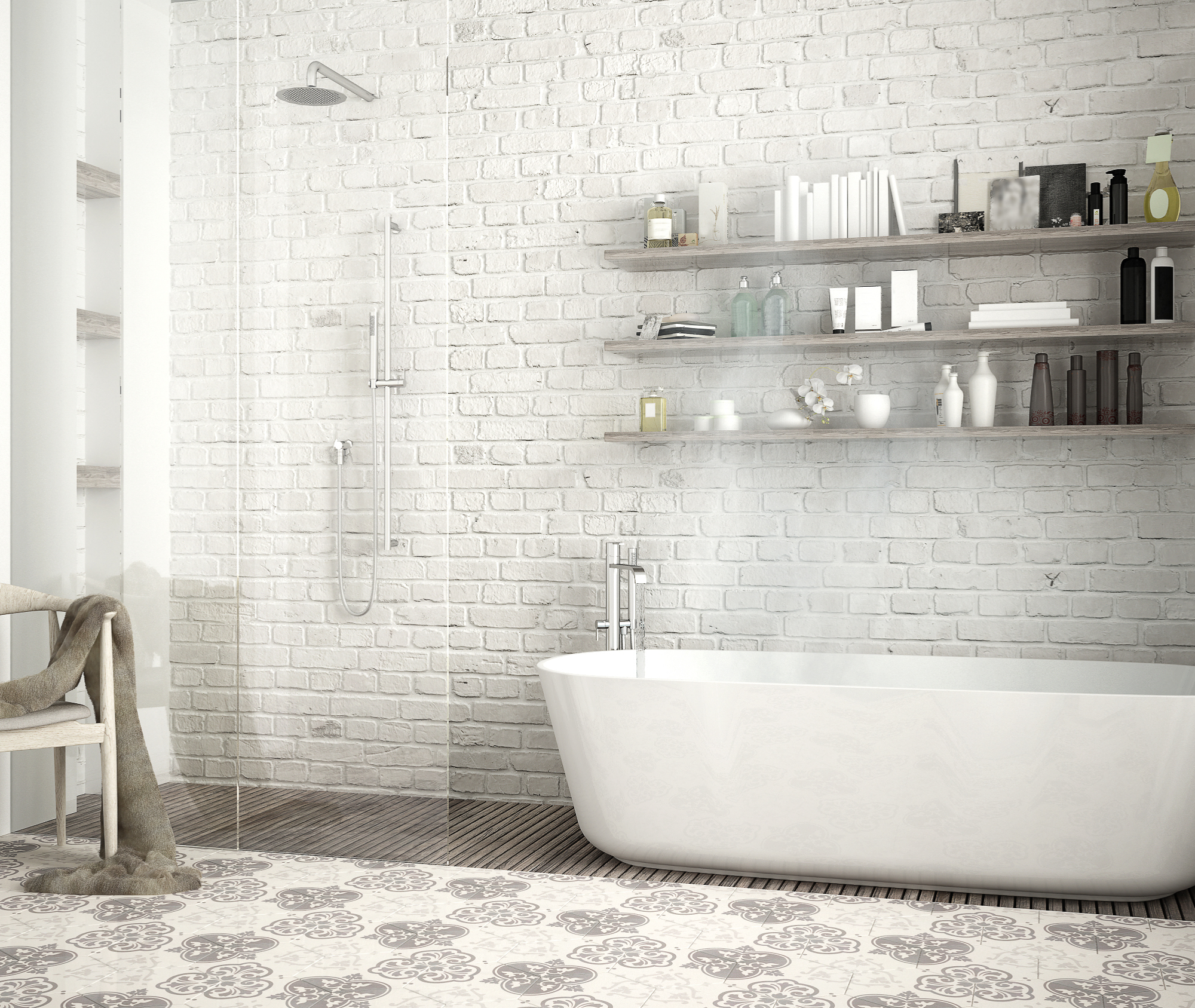 So you're trying to up the way your bathroom looks? Do you have an existing brick wall? Whitewash the brick for this fun, edgy look. For more vintage bathroom tile ideas (and brick), look here! 