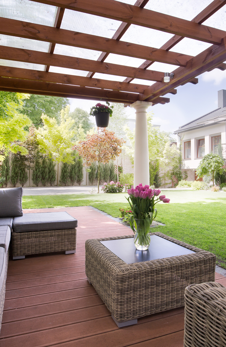 Backyard Projects DIY
Pergola with with round columns and wood trellis on top

