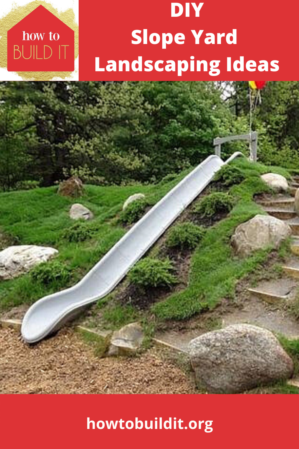 If you have a sloped yard, there are still many ways to use it other than rolling down the hill. Slope yard landscaping ideas can turn that drab hill into a fab garden, rock wall, flower garden and more. Read the post for ideas that you can DIY. #diylandscapingideas #howtobuilditblog #slopeyardlandsacpingideas